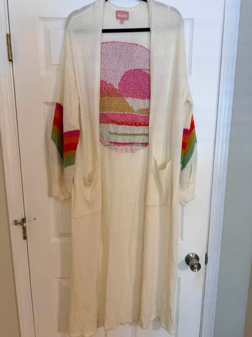 Show Me Your MuMu Cream Long Cardigan with Rainbow Sleeve Stripes